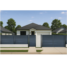 Fațadă modernă a casei cu gard și poartă