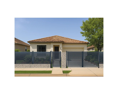 Casă cu gard modern și poartă de grădină