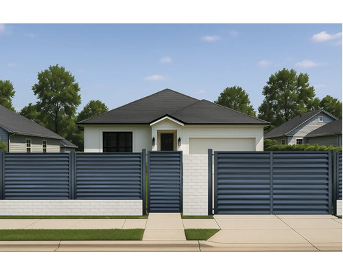 Casă modernă cu gard și poartă din lamele orizontale