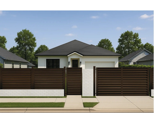 Casă modernă cu gard din lemn și bază din cărămidă albă