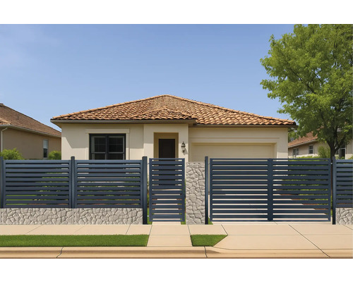 Casă cu gard modern orizontal cu lamele și poartă de grădină metalică