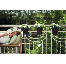 Femeie se relaxează cu o carte pe o bancă pe balcon cu jardiniere