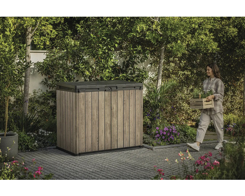 Dulap de grădină în aer liber cu o femeie care transportă plante