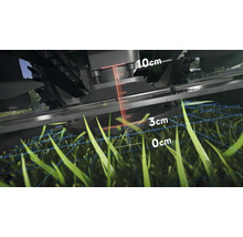 Detaliu al unei mașini de tuns iarba cu indicarea înălțimii de tăiere între zero și zece centimetri
