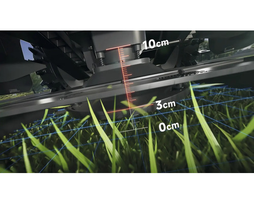 Detaliu al unei mașini de tuns iarba cu indicarea înălțimii de tăiere între zero și zece centimetri