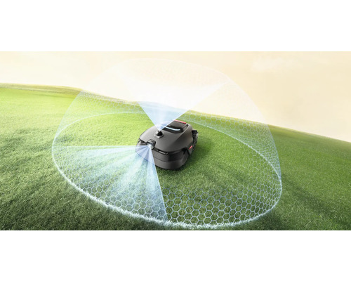 Robot de tuns gazon pe un gazon cu vizualizarea senzorului