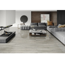 Living cu canapea, măsuță de cafea și șemineu pe podea de lemn