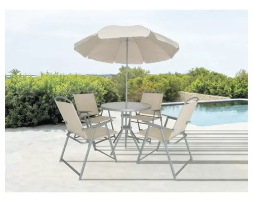 Set mobilier de grădină cu masă, patru scaune și umbrelă de soare pe o terasă