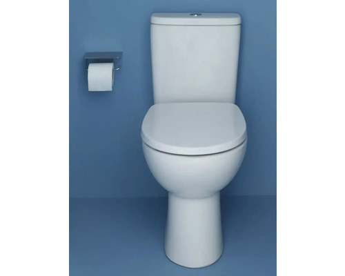 Toaletă albă de podea cu suport pentru hârtie igienică