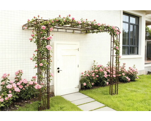 Zonă de intrare cu arcadă de trandafiri și arbuști de trandafiri înfloriți