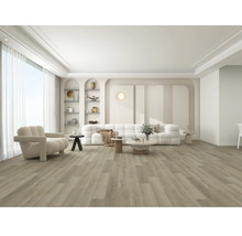 Living luminos cu pardoseală aspect lemn, fotoliu și canapea