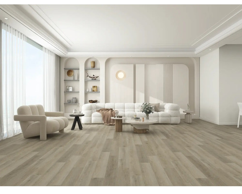 Living luminos cu pardoseală aspect lemn, fotoliu și canapea