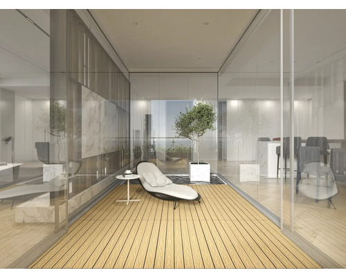 Cameră luminoasă cu zonă de relaxare, masă și plantă în design modern.