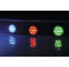 Trei lumini subacvatice rotunde cu iluminare albastră, roșie și verde
