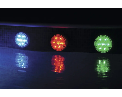 Trei lumini subacvatice rotunde cu iluminare albastră, roșie și verde