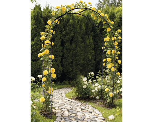 Arcadă trandafiri Lafiora metal 36x140x240 cm negru Arcadă neagră de trandafiri cu trandafiri galbeni într-o grădină deasupra unei poteci de piatră