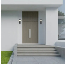 Ușă de intrare cu suprafață canelată și două lămpi de perete pe o casă modernă