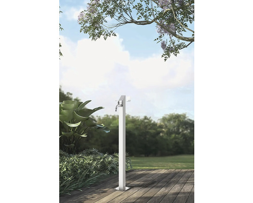 Scenă de grădină cu un singur robinet metalic pe o terasă de lemn