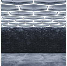 Interior cu perete de cărămidă, podea de beton și iluminat hexagonal de tavan