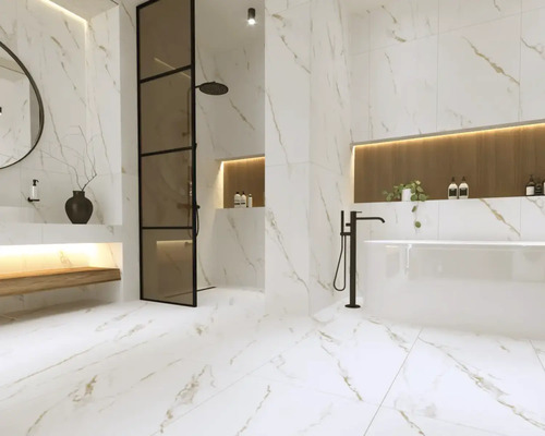 Baie luminoasă cu cadă, duș și gresie de marmură