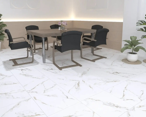 Sufragerie cu masă, scaune și plante de interior pe o pardoseală albă cu efect de marmură