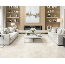 Living luminos cu gresie, două canapele, rafturi și șemineu