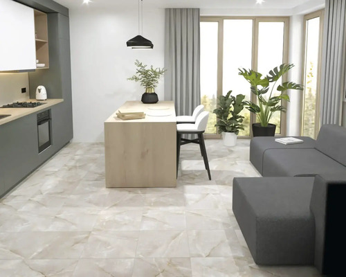 Living luminos cu bucătărie, zonă de luat masa și canapea gri