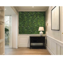 Hol cu perete cu plante, comodă și lampă