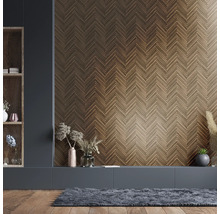 Living cu lambriuri din lemn în model herringbone, raft și decorațiuni