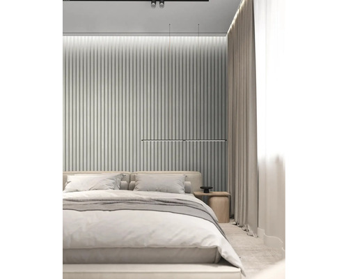 Dormitor cu pat, noptieră și panouri de perete