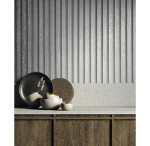 Scenă cu un placaj de perete cu aspect de lemn, veselă și un blat de bucătărie.