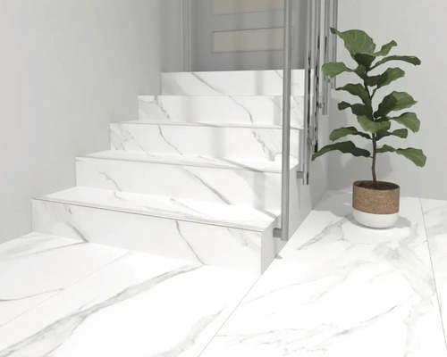 Scară cu plăci de marmură și o plantă într-un ghiveci