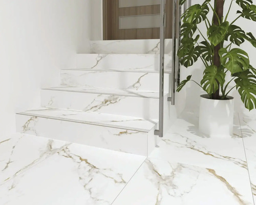 Scară și podea cu gresie aspect de marmură, completate de o plantă de apartament și o balustradă.