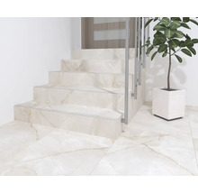 Scară cu aspect de marmură, balustradă din oțel inoxidabil și plantă de interior în ghiveci alb