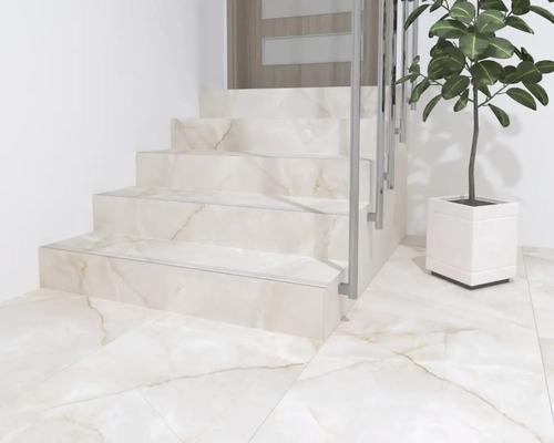 Scară cu aspect de marmură, balustradă din oțel inoxidabil și plantă de interior în ghiveci alb