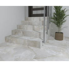 Scară și podea placate cu aspect de marmură, balustradă metalică pentru scări, plantă de interior decorativă în ghiveci împletit