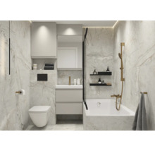 Baie modernă cu toaletă, lavoar, oglindă, cadă și aspect de faianță gri