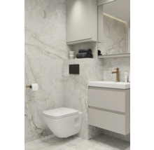 Baie modernă cu toaletă suspendată, dulap de lavoar și oglindă