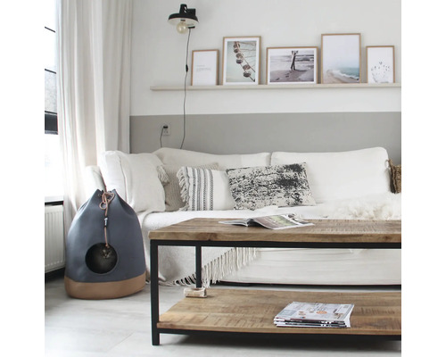 Living cu canapea, masă din lemn și casă pentru pisici