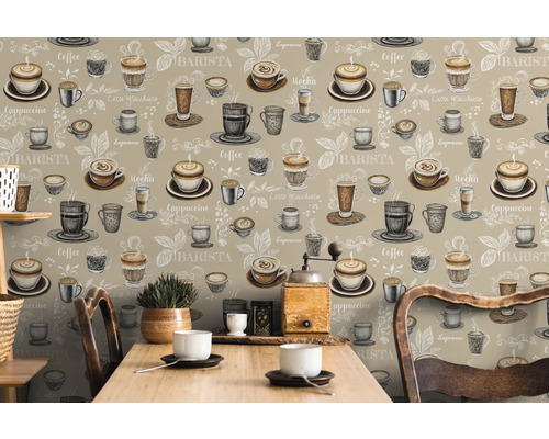Tapet cu motive de cafea și inscripții într-o cameră cu masă și scaune.