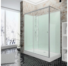 Cabină de duș independentă cu set de duș într-o baie cu podea cu gresie