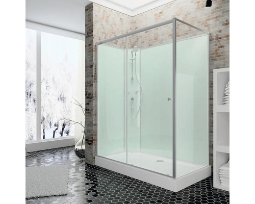 Cabină de duș wellness Schulte Ibiza, 80x120x204 cm, colț stânga, sticlă securizată transparentă, profil aluminiu Cabină de duș independentă cu set de duș într-o baie cu podea cu gresie