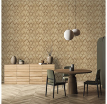 Sufragerie cu tapet cu model, bufet, masă și scaune