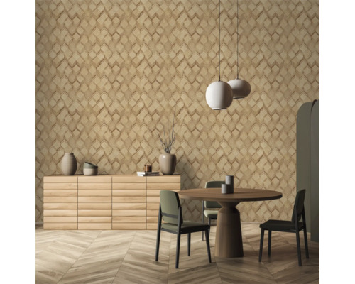 Sufragerie cu tapet cu model, bufet, masă și scaune