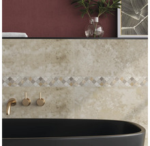 Baie cu faianță bej, bordură decorativă și cadă neagră