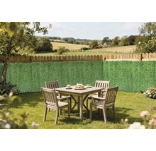 Scenă de grădină cu gard din lemn, covoraș de intimitate și o masă din lemn cu patru scaune în grădină