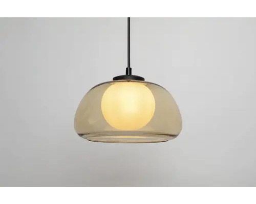 Lumină suspendată cu abajur de sticlă și sursă de lumină rotundă