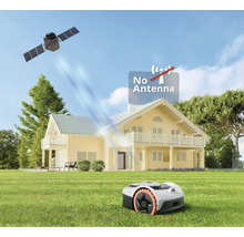 Robot de tuns iarba fără antenă pe gazon în fața unei case, satelit pe cer