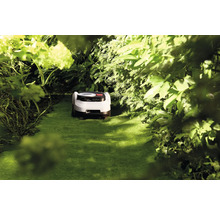 Robot de tuns iarba într-o grădină verde