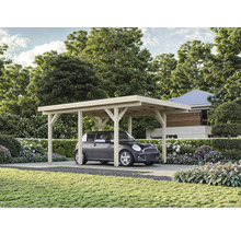 Copertină auto din lemn cu mașină în grădină